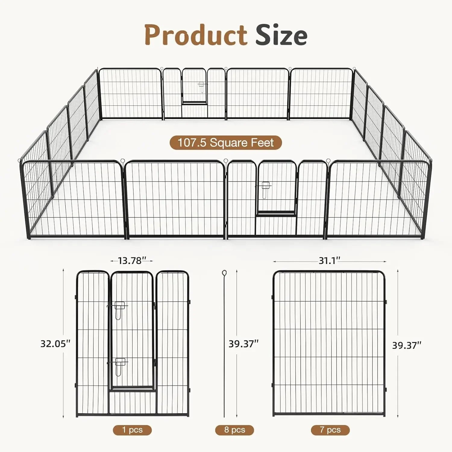 Dog Playpen 16 Panel 40" Metal Fence with Door for Pets