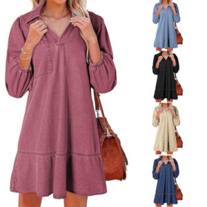 Girls' V-neck cropped puff-sleeve mid-length dress - Main product view
