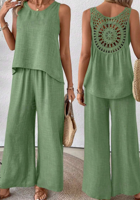 Women's solid tank top and wide-leg pants summer set - Product view 6
