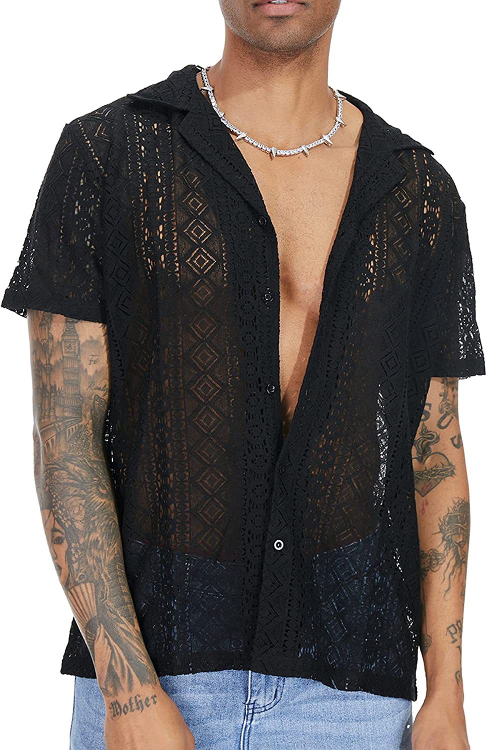 Men's solid-color lace hollow-out see-through shirt - Main product view