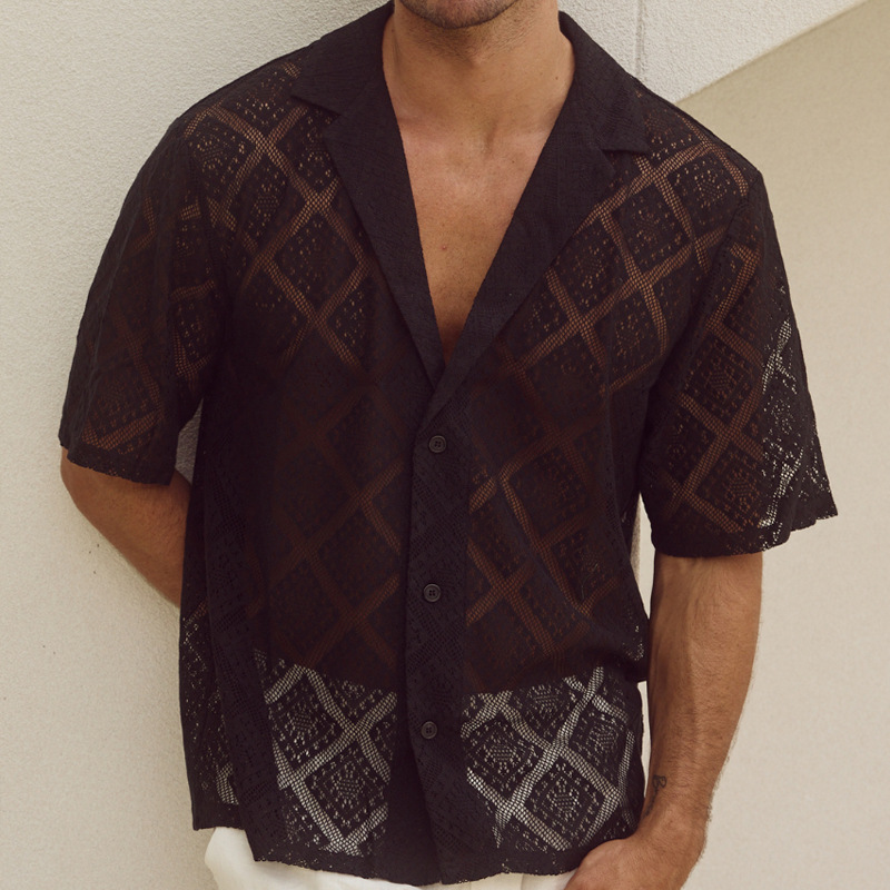Men's short-sleeve lapel shirt with hollow-out detailing - Product view 4