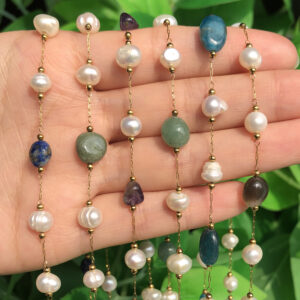 Handmade-style stone bead necklace with pearl gold chain - Main product view