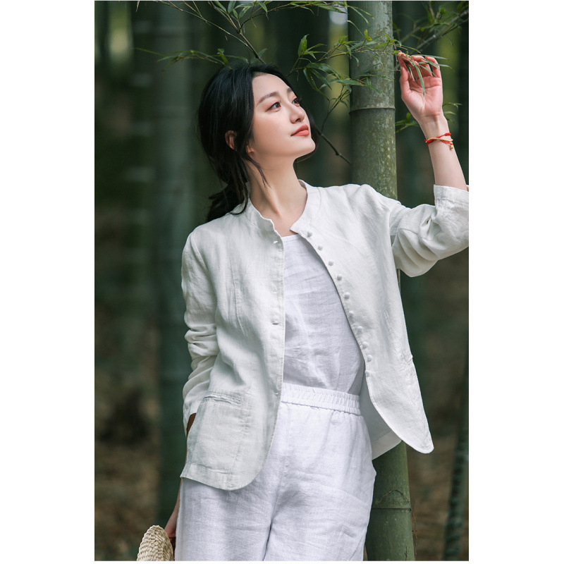 Women’s loose-fit cotton-linen patchwork jacket with long sleeves and pockets - Product view 8