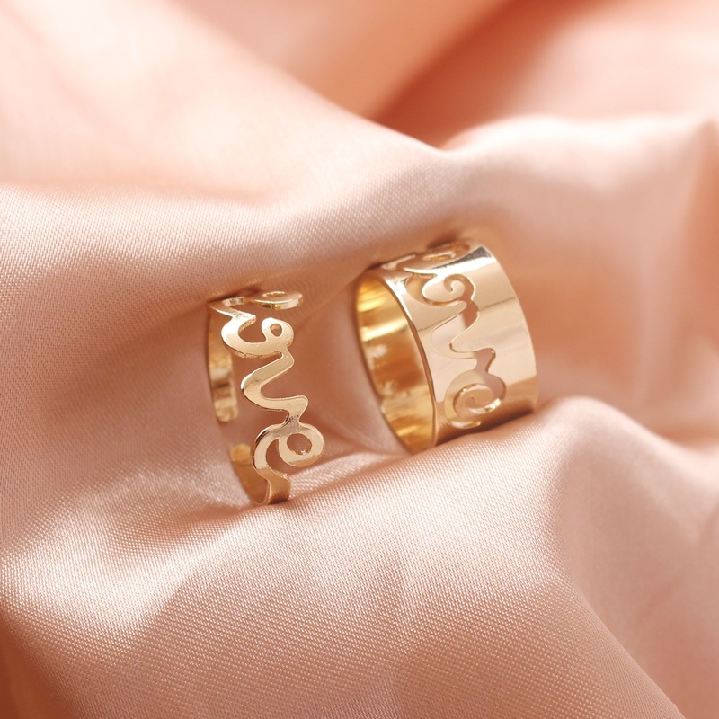 Matching butterfly-inspired punk couple ring set with two polished fashion rings - Product view 6