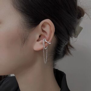 Steel-color long tassel chain ear cuff with micro-pavé diamond look - Main product view
