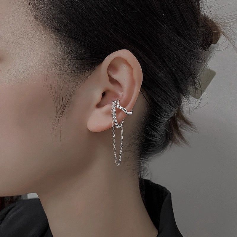 Steel-color long tassel chain ear cuff with micro-pavé diamond look - Main product view