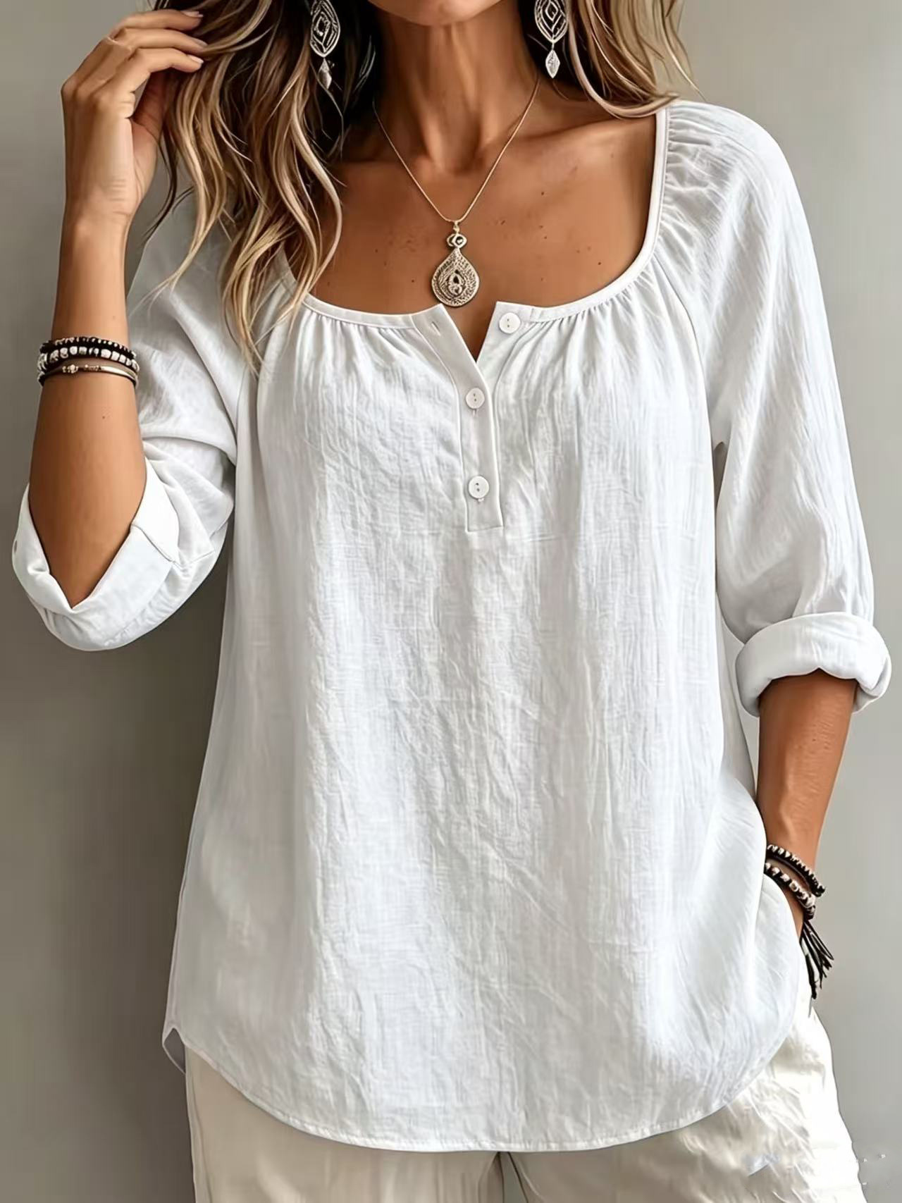 Women's casual cotton-linen V-neck long-sleeve pullover top in a solid color - Product view 5