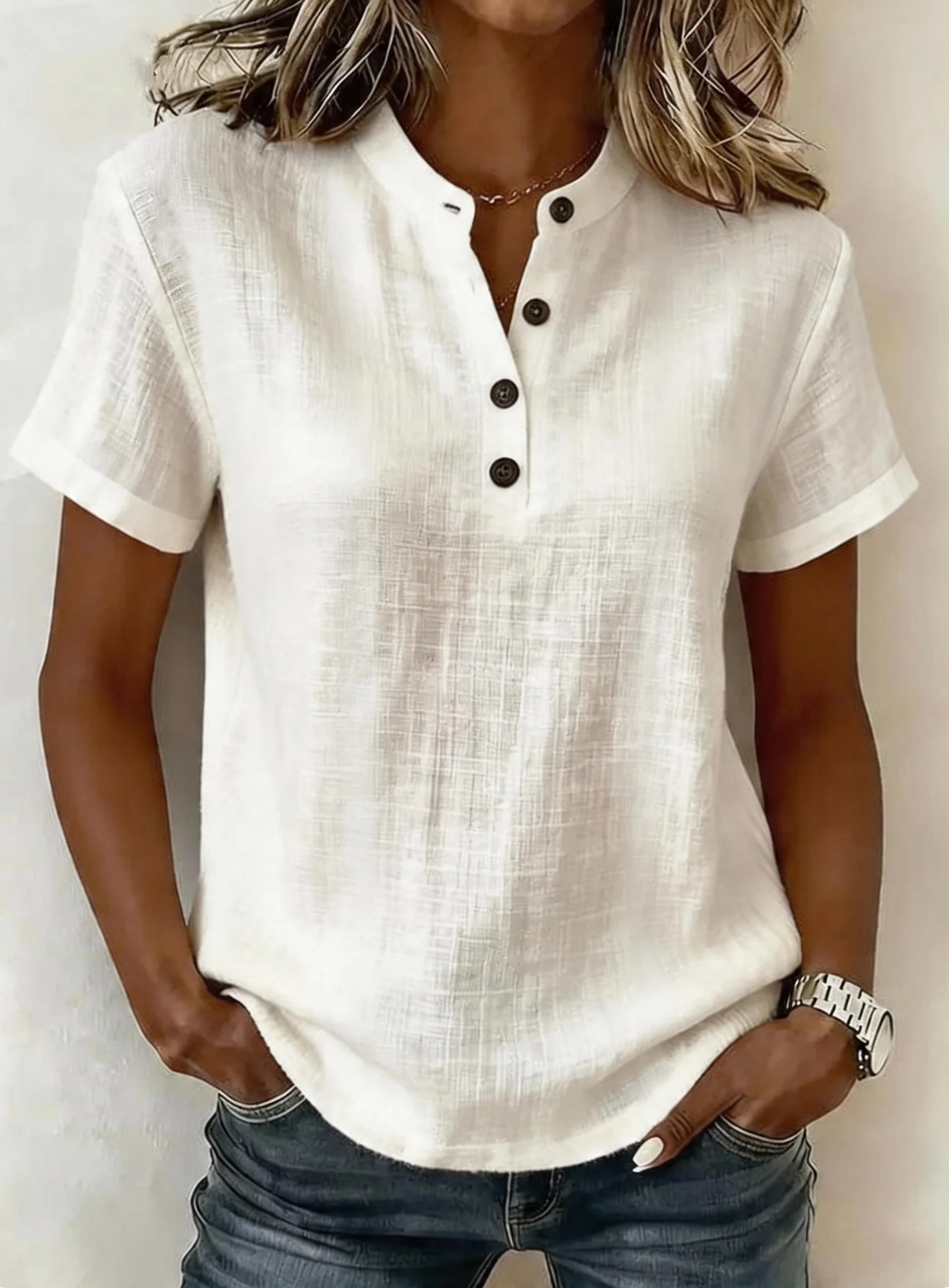 Women's solid-color V-neck short-sleeve pullover top with button detail - Product view 9