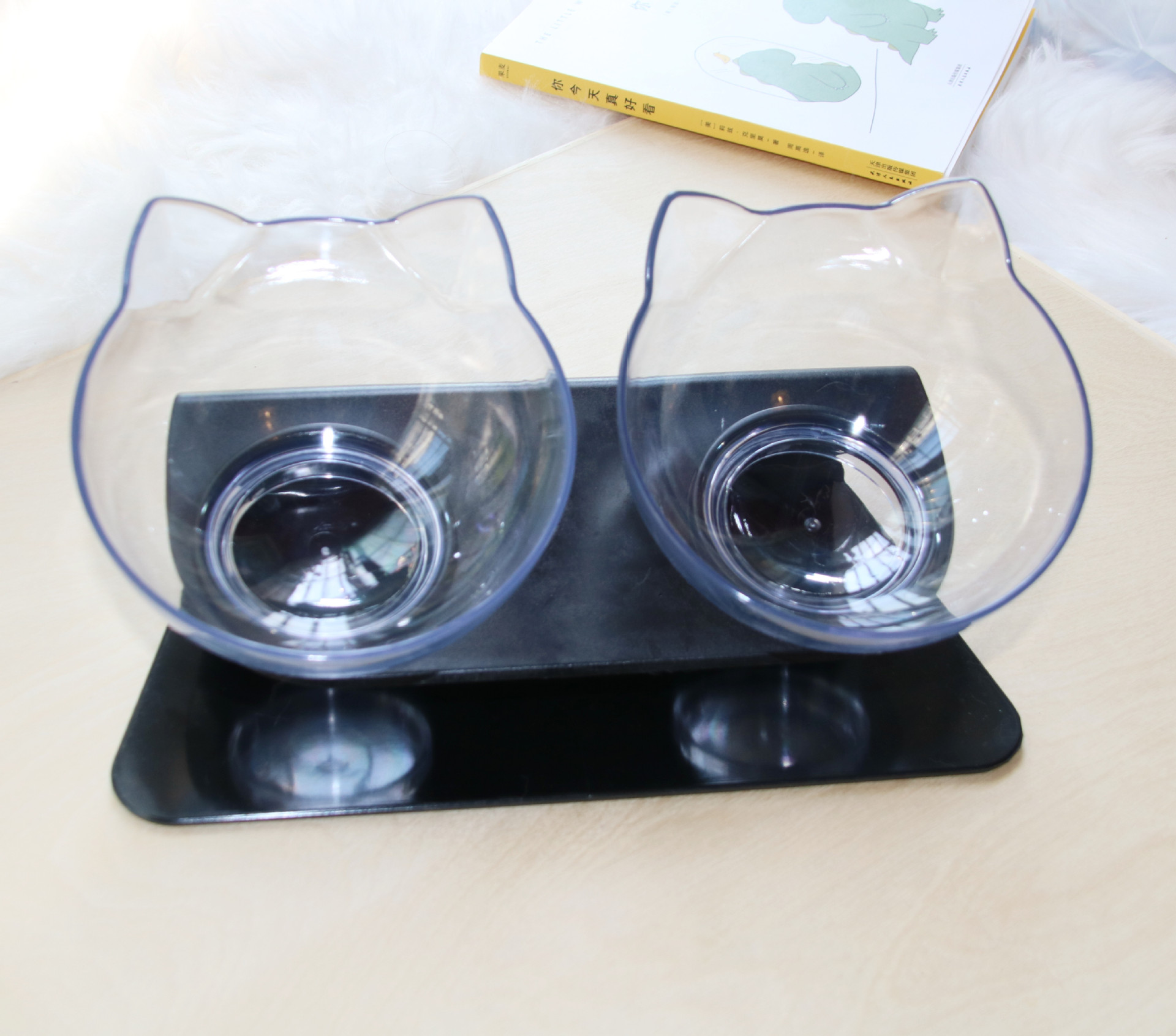 Elevated transparent double cat food bowl with 15-degree tilted opening and anti-skid base - Product view 5