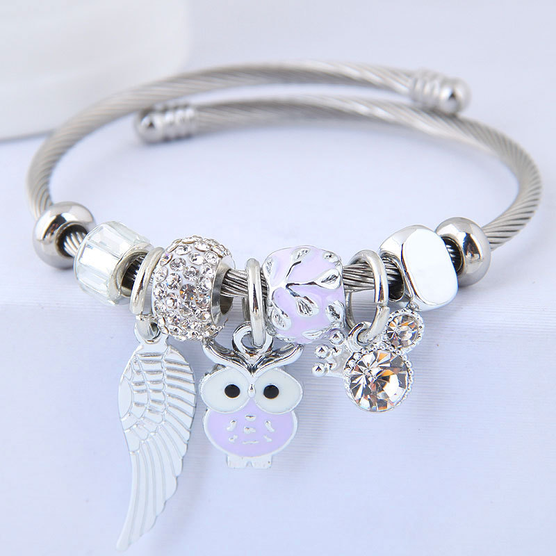 Beaded owl angel wings pendant steel alloy bracelet - Product view 8