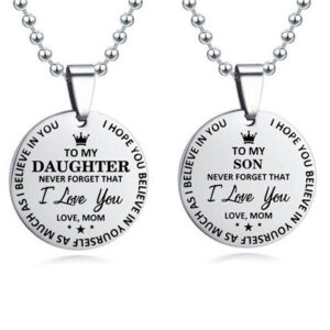 Stainless steel mom to son or daughter geometric pendant necklace with round bead chain - Main product view