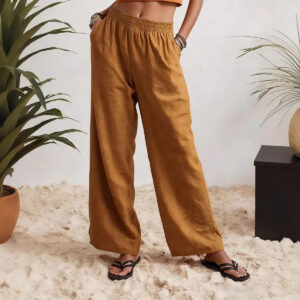 Women's wide-leg full-length cotton-linen blend pants with elastic-wrapping waist - Main product view