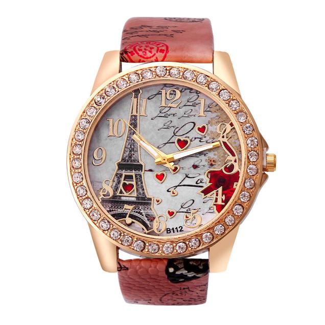 Vintage women's quartz watch with Paris Eiffel Tower dial and PU leather band - Product view 6