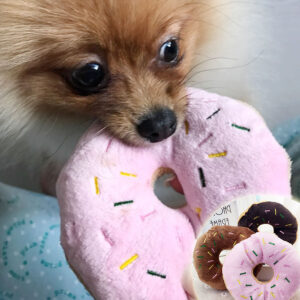 Donut-shaped plush squeaky dog toy in coffee, pink, and blue - Main product view