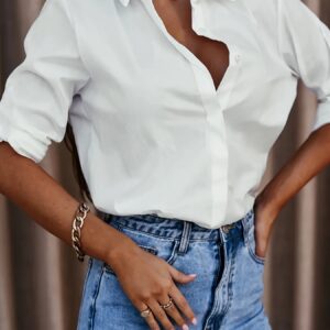 Women's long sleeve lapel button-up shirt in polyester - Main product view