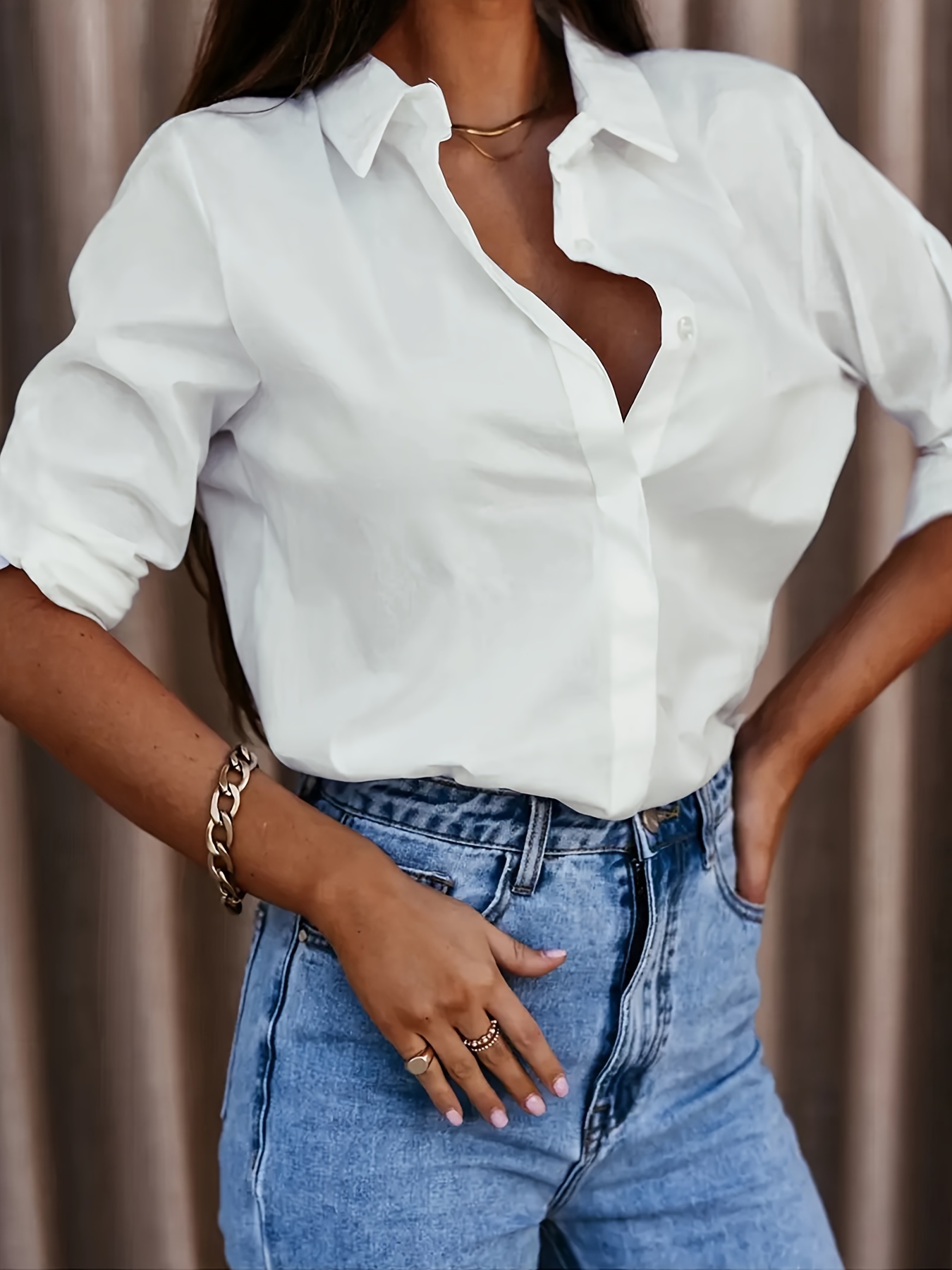 Women's long sleeve lapel button-up shirt in polyester - Main product view