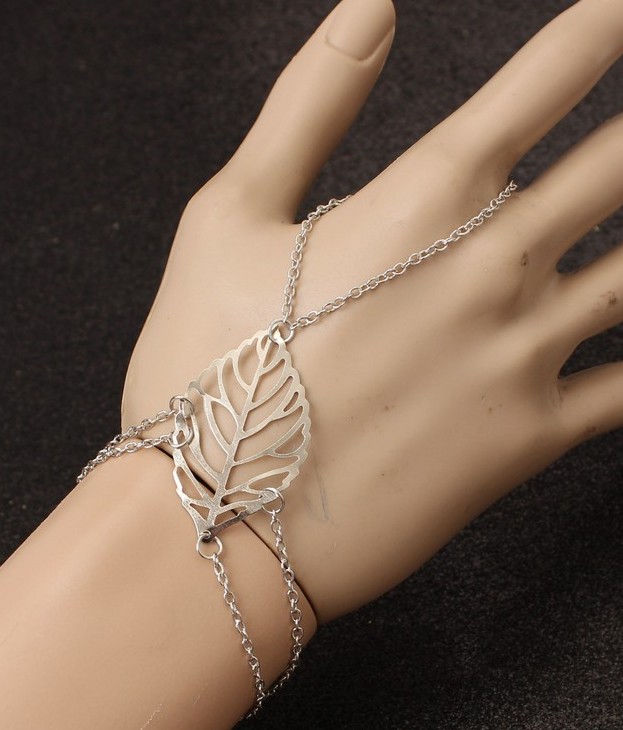 Women's hollow leaf finger chain bangle bracelet in gold-tone or silver-tone - Product view 1