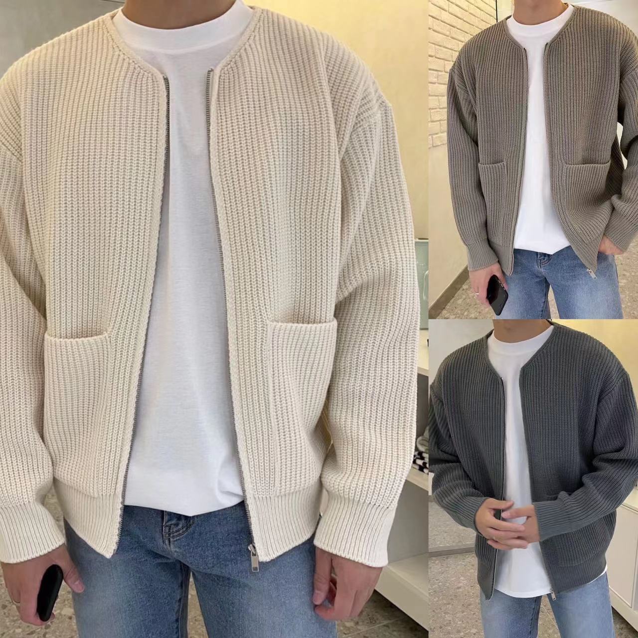 Men’s loose-fit knitted cardigan with funnel neck, full zip front, long sleeves, and pockets - Main product view