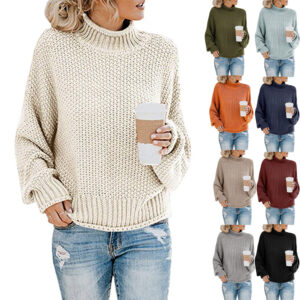 Women's solid-color turtleneck knitted pullover sweater with long sleeves - Main product view