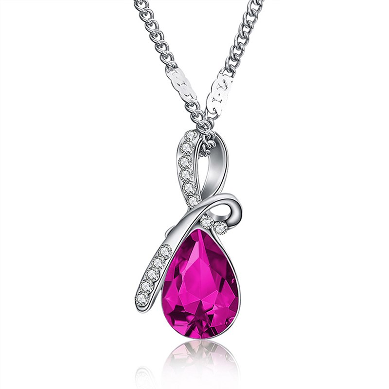 Colorful drop crystal pendant necklace with adjustable chain - Rose Red