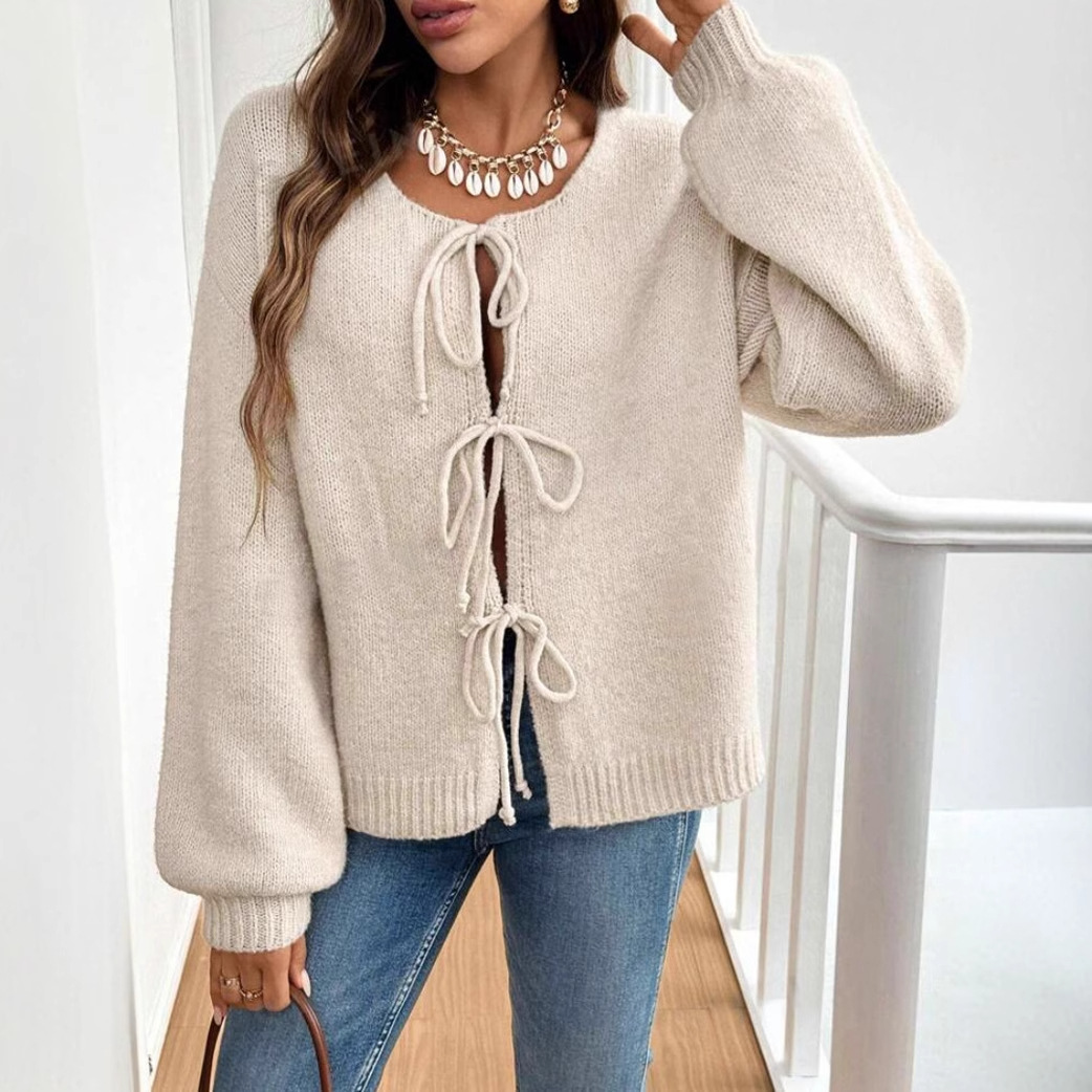 Women's loose-fit solid-color lace-up cardigan sweater with long sleeves - Main product view