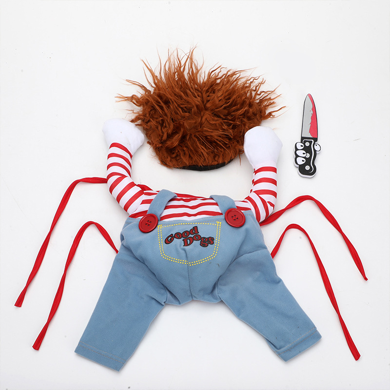 Red adjustable horseman-themed pet Halloween costume set with wig and foam knife - Product view 6