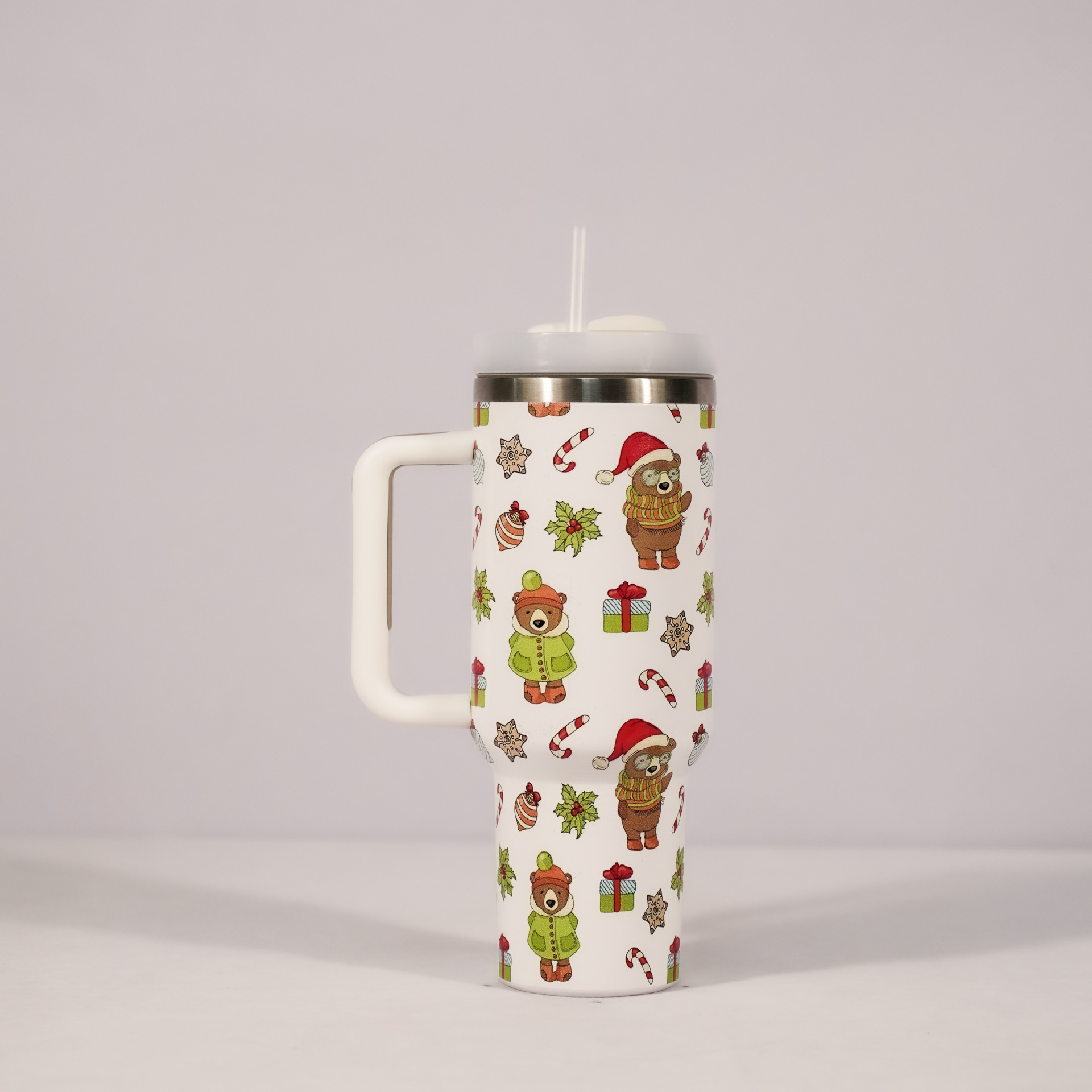 Christmas-pattern stainless steel tumbler with handle, lid and straw - Product view 2