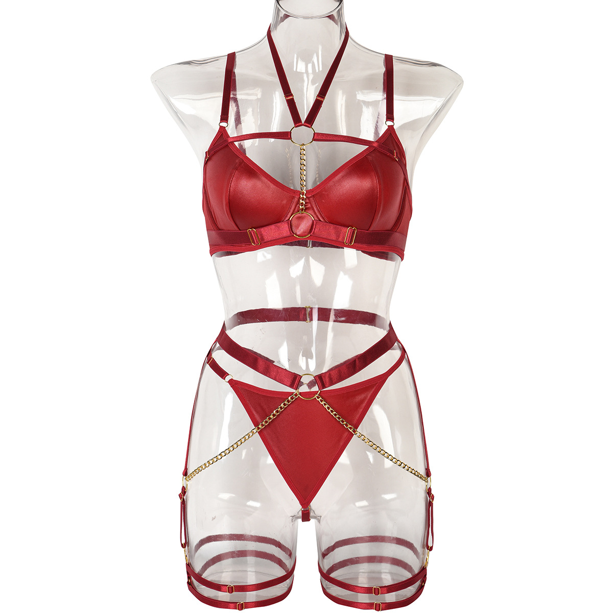 Three-piece polyester lingerie set with bra, panties, garter belt and leg rings - Product view 6