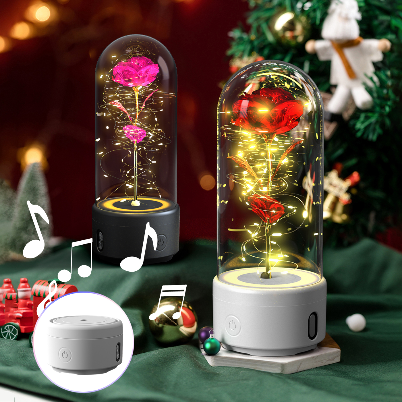 LED eternal rose light with Bluetooth-compatible speaker under a glass cover - Main product view