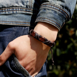 Adjustable Nordic cowhide and hemp rope arm bracelet in brown - Main product view