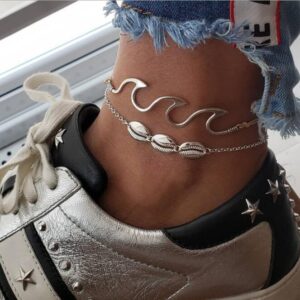 Silvery alloy anklet with beach wave and shell design - Main product view