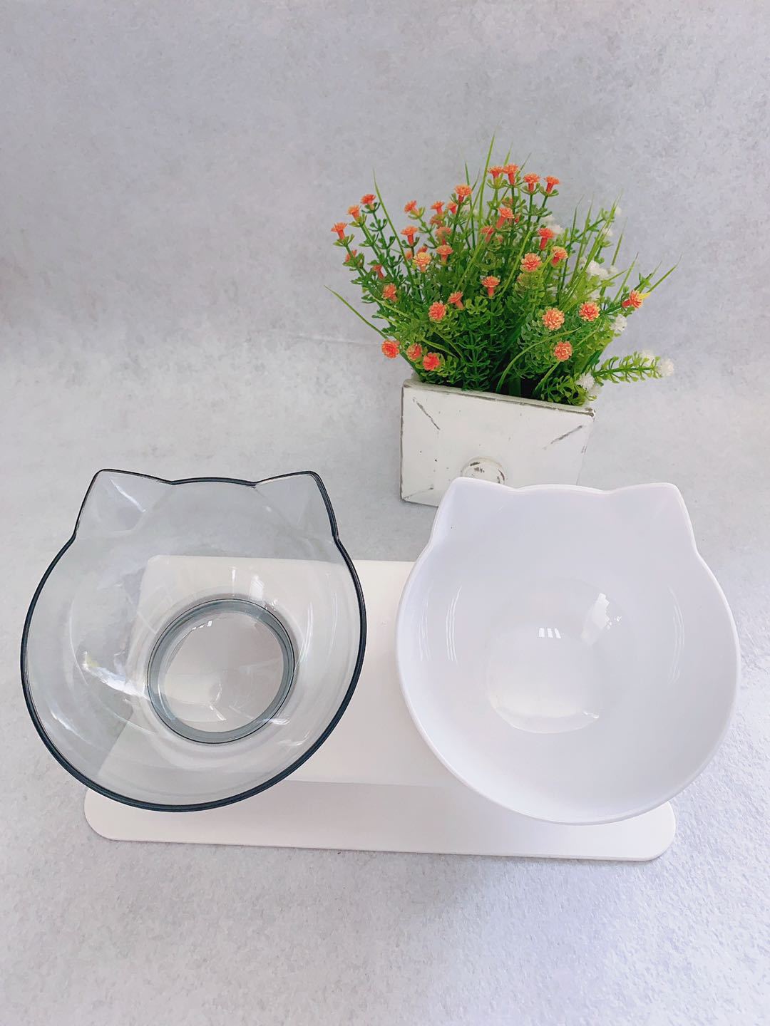 Elevated transparent double cat food bowl with 15-degree tilted opening and anti-skid base - Product view 21