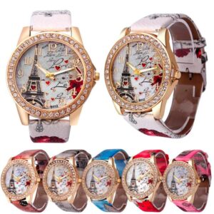 Vintage women's quartz watch with Paris Eiffel Tower dial and PU leather band - Main product view