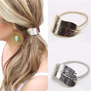 Women's leaf-shaped metal hair tie in gold or silver - Main product view