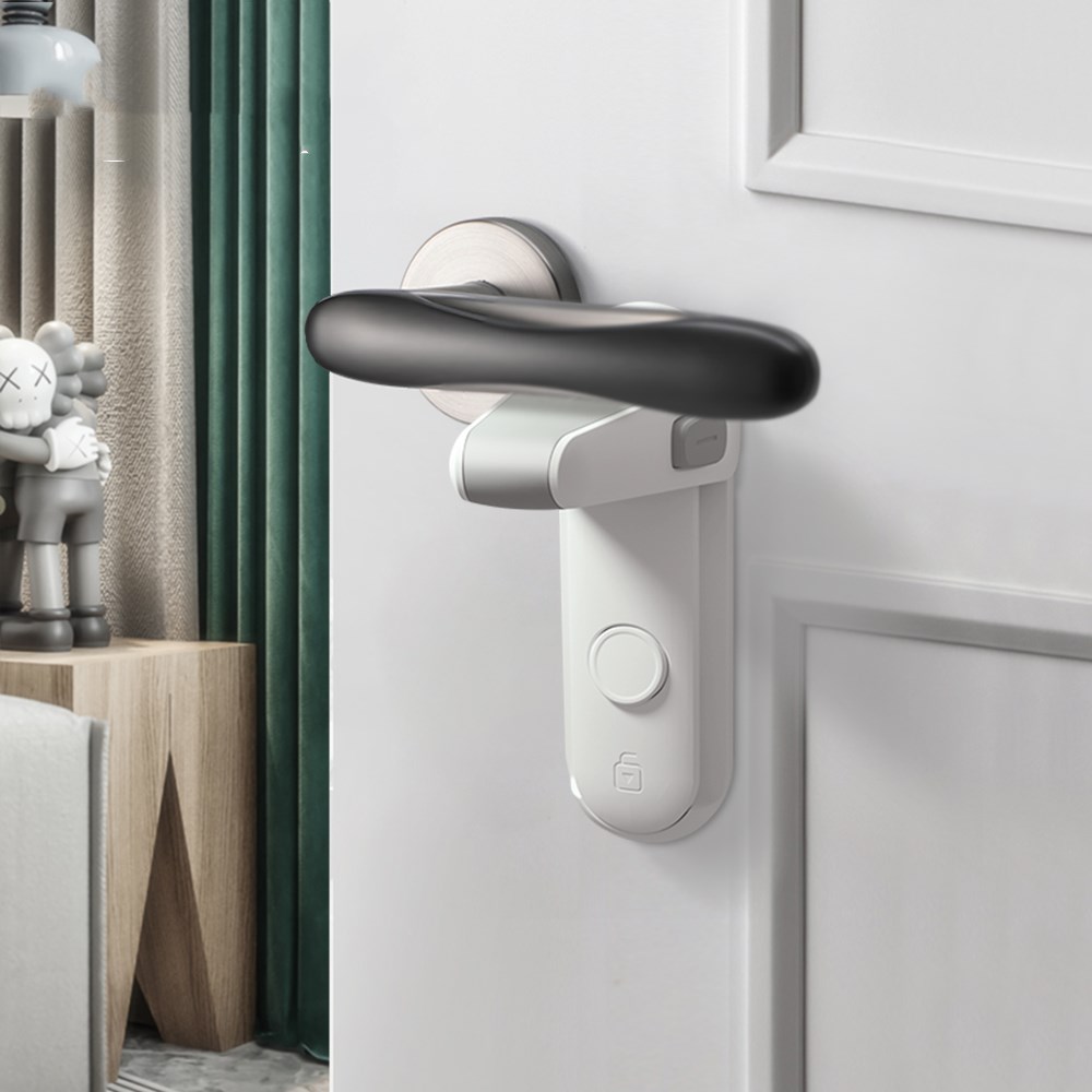 Grey plastic childproof door lever lock attached to a door handle - Product view 7