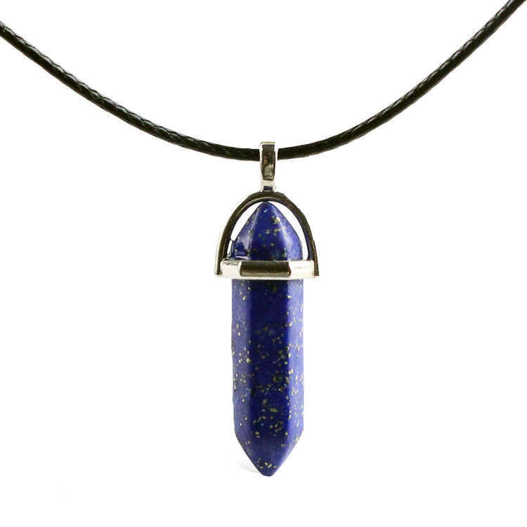 Faceted hexagonal crystal stone pendant necklace on a wax cord - Product view 1