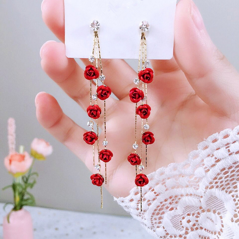Flower Long Earrings Wild Red Rose Flower Long Rhinestone Tassel Earrings Earrings - Main product view