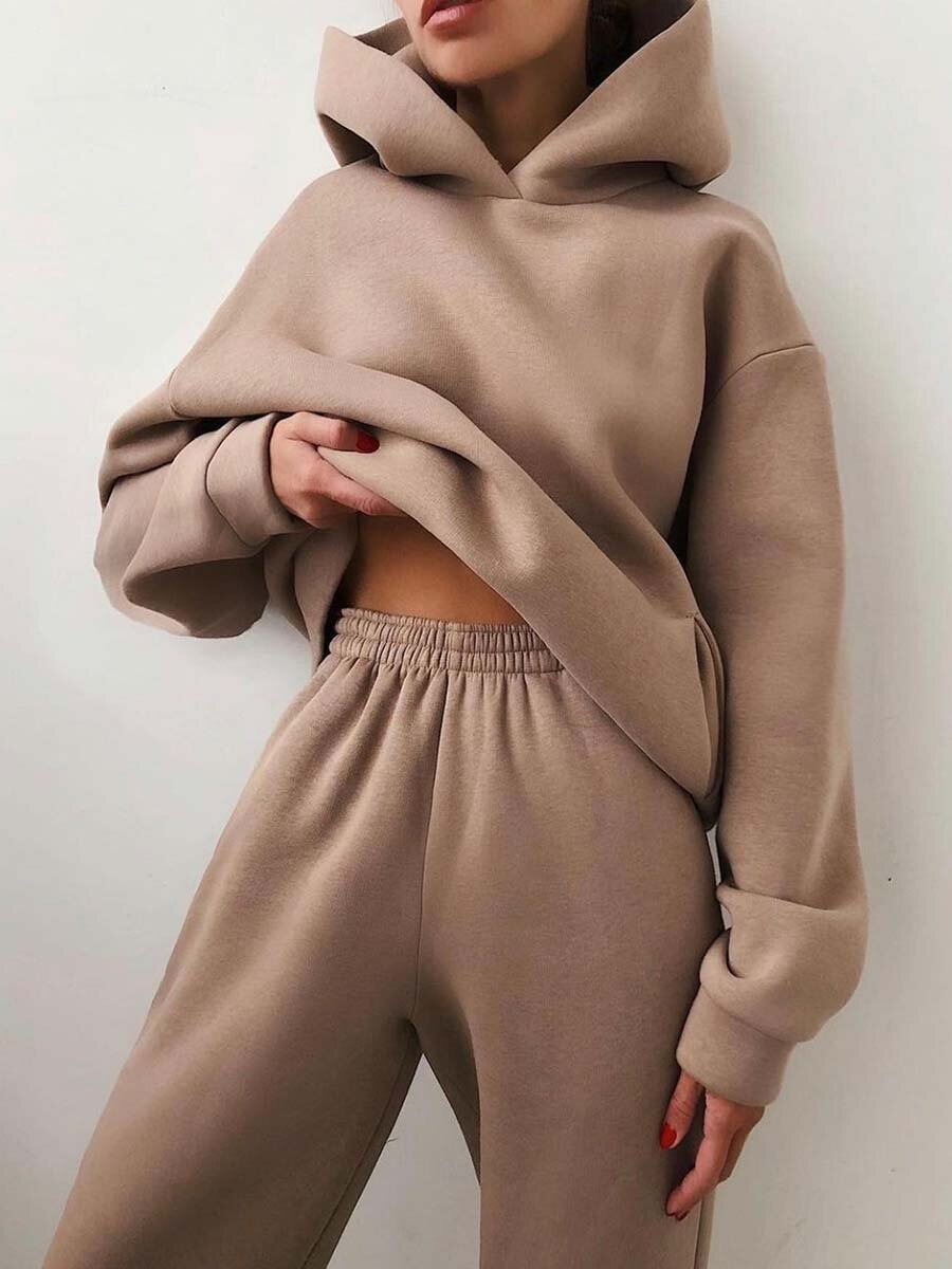 Women's casual hooded corduroy two-piece outfit with long-sleeve knitted sweater - Main product view