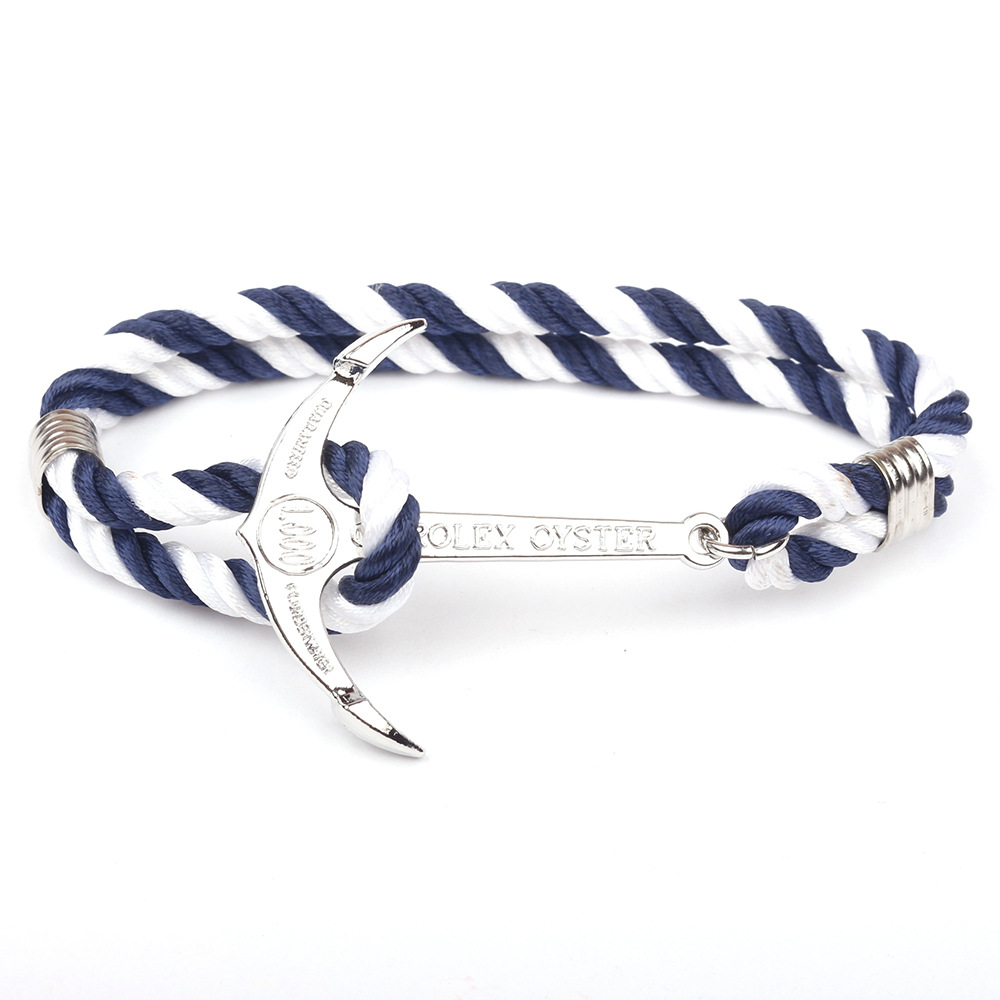 Navy blue rope anchor bracelet with silver-tone fish hook detail - Product view 6