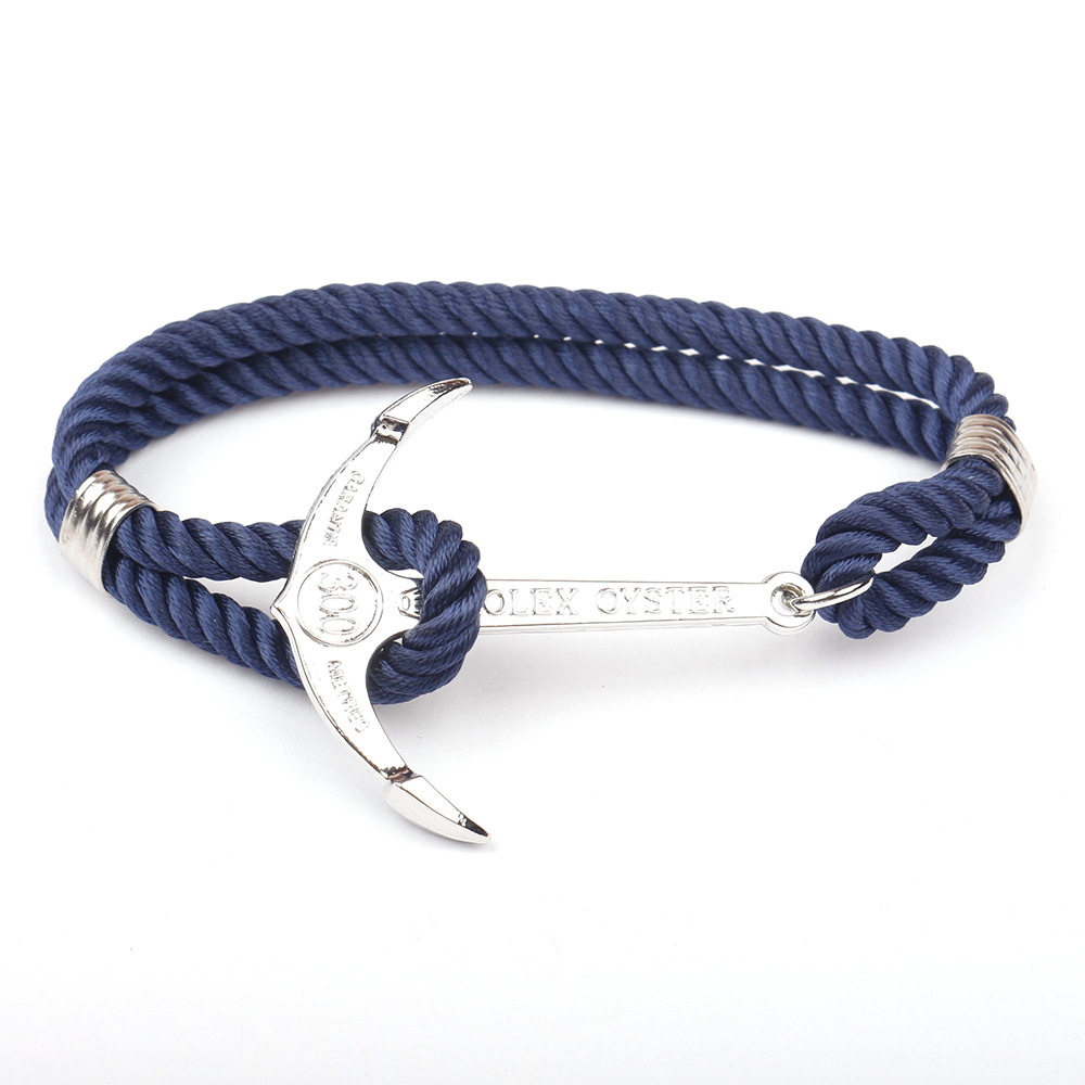 Navy blue rope anchor bracelet with silver-tone fish hook detail - Product view 4