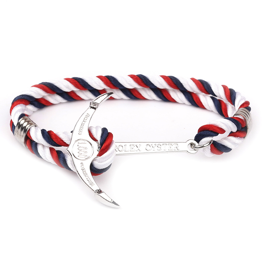 Navy blue rope anchor bracelet with silver-tone fish hook detail - Main product view