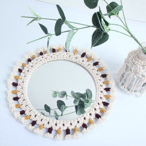 Round wall-mounted makeup mirror with a handmade cotton rope frame - Main product view