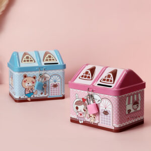 House-shaped round tinplate piggy bank for coin storage - Main product view