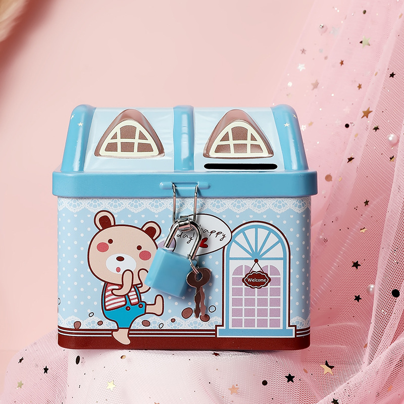 House-shaped round tinplate piggy bank for coin storage - Product view 3