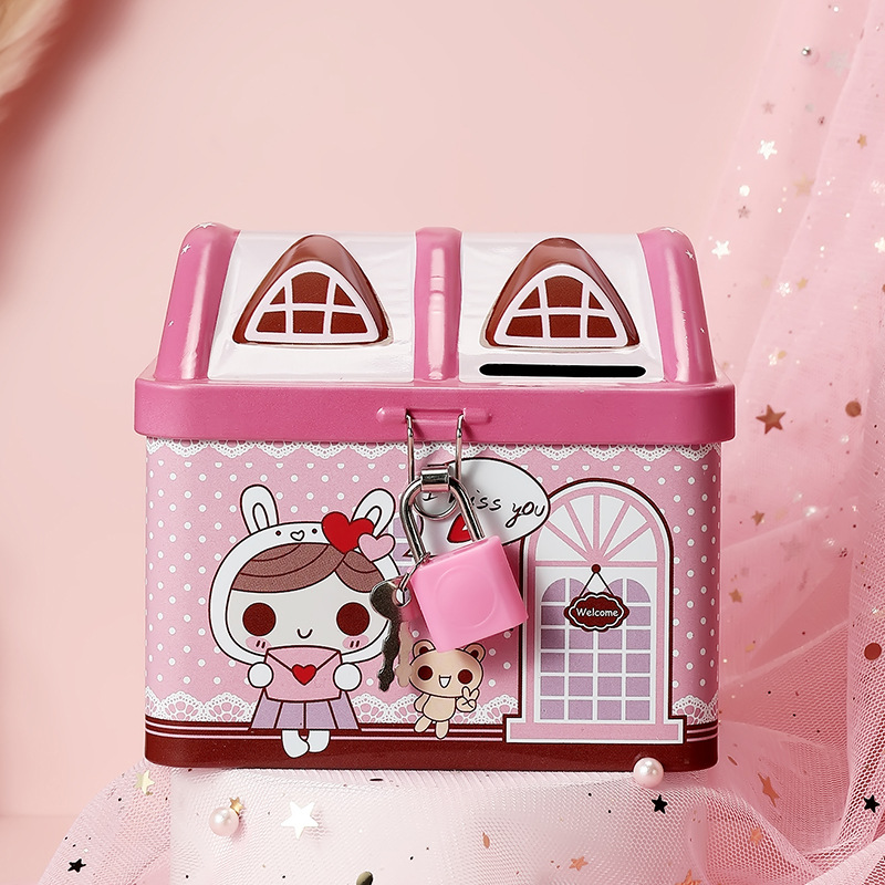 House-shaped round tinplate piggy bank for coin storage - Product view 2