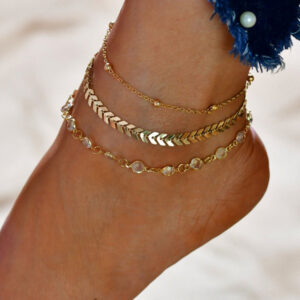 Women's multi-layer fishbone crystal tassel anklet with geometric details and tassels - Main product view