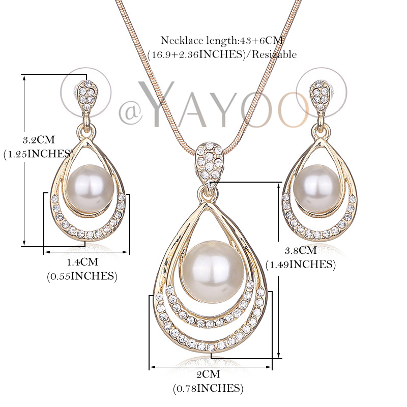 Women's simulated pearl necklace and earrings set with water-drop design - Product view 5