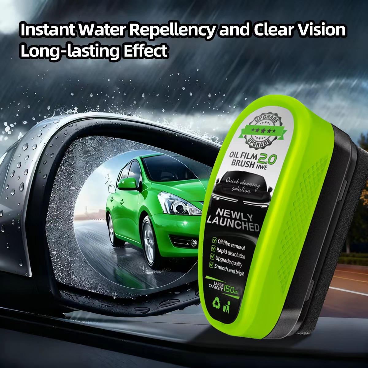 Green boxed oil film wipe for car glass with English labeling - Main product view