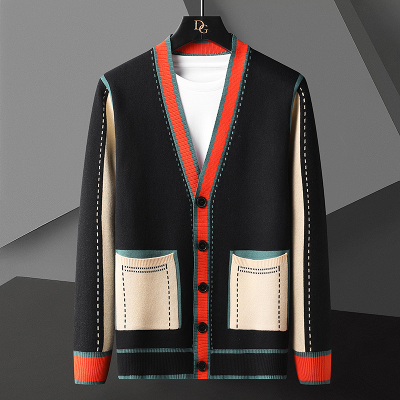 Men's casual slim-fit cardigan sweater coat in black or dark gray - Main product view