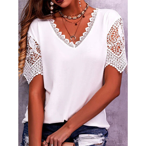 Women's lace-panel loose V-neck short-sleeve top in a solid color - Product view 8